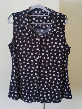 Tommy Hilfiger Navy Floral  Sleeveless Button Down Top Blouse L Summer Office